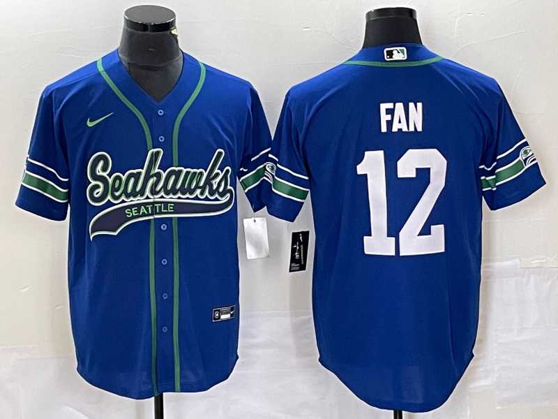 Mens Seattle Seahawks #12 Fan Blue Blue With Patch Cool Base Stitched Baseball Jersey